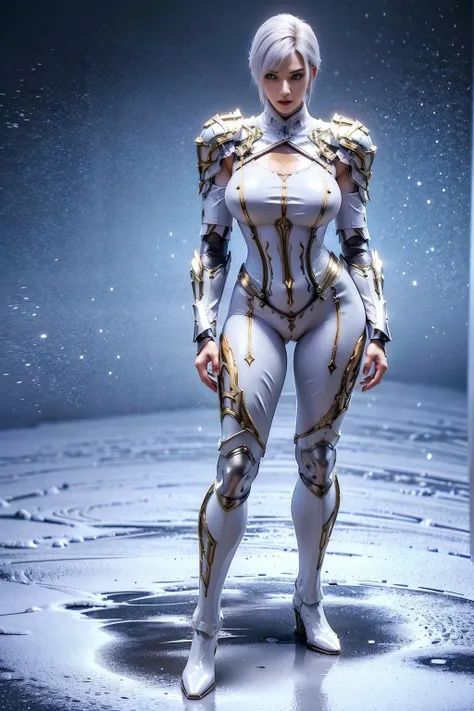 8k, HDR, ultimate-realistic texture, sharp texture, highres, best quality. Futuristic character, Full body, slender, (slim body), tall and fit body, short hair, white hair, wearing mecha armor, body stocking, wearing pants, boots, wearing (knee guard), pau...