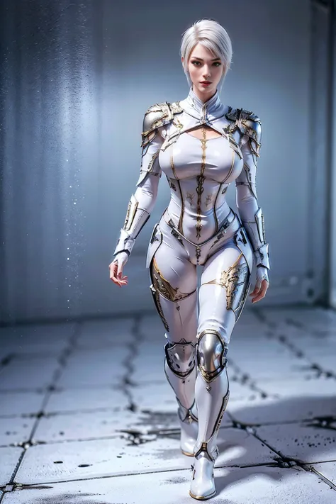 8k, HDR, ultimate-realistic texture, sharp texture, highres, best quality. Futuristic character, Full body, slender, (slim body), tall and fit body, short hair, white hair, wearing mecha armor, body stocking, wearing pants, boots, wearing (knee guard), glo...