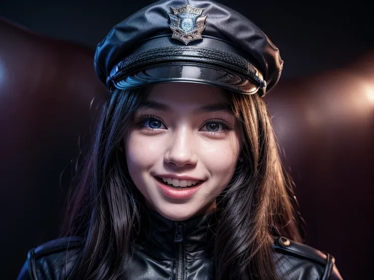 1girl wearing police uniform,smile, sticking her tongue out(8k,hd,ultrahd,realisric,hdr,detailed)