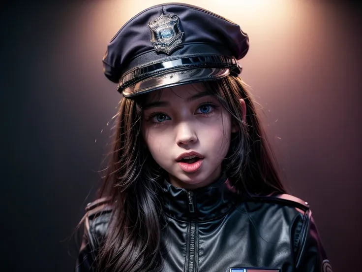 1girl wearing police uniform,sticking her tongue out(8k,hd,ultrahd,realisric,hdr,detailed)