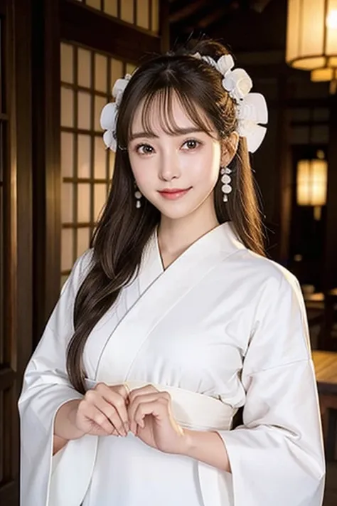 Female, long hair(( brown)), eyes((smart eyes, hazel)), clothes((kimono, white)), hair bun, earrings, gigantic , bouquet, white gloves, japanese house, lantern, smiling, open mouth,