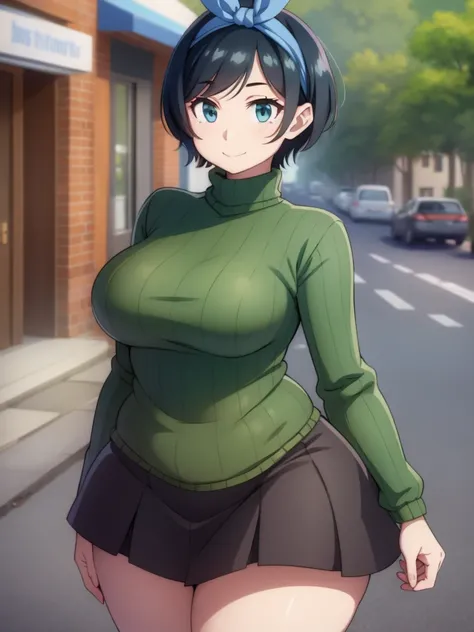 ((((kipteitei art)))), ((highres)),Masterpiece, high quality, best quality, beautiful, perfect lighting, detailed face, ultra cute face, ((1girl)), ((solo), ((((sarashina ruka)))), ((blue hairband)), ((tan turtle neck sweater)), ((black short skirt)), blac...