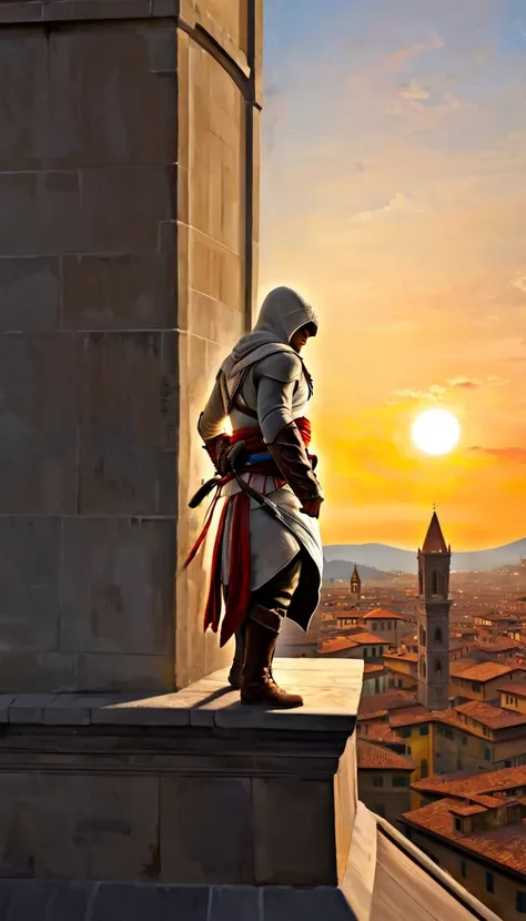 digital painting, (assissin's creed:1.3), ezio auditore standing on the roof of the dome of the cathedral of santa maria del fio...