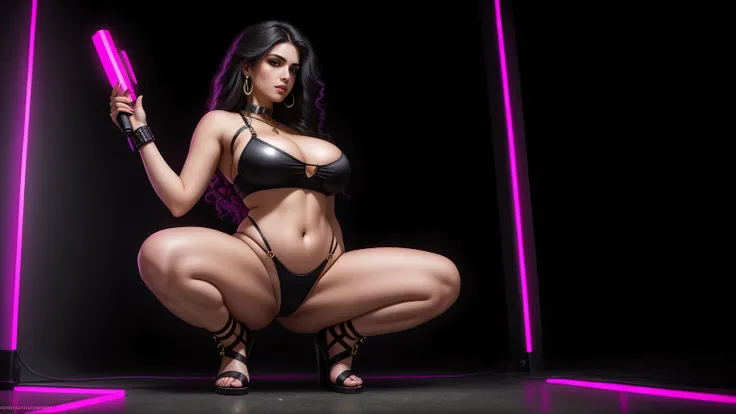 there  a Persian woman squatting, long curly hair, 3 d neon art of a womans body, neon-noir background, cyberpunk femme fatale, seductive cyberpunk dark fantasy, cyberpunk strip clubs, cyberpunk 20 y. o model girl, oppai cyberpunk, banner, high definition ...