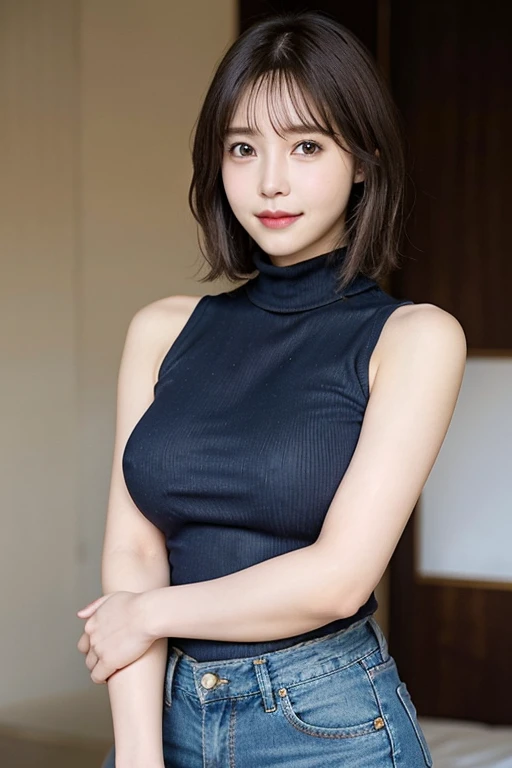 8K, 超A high resolution, Best Quality, masutepiece、超A high resolution、top-quality、 (quite massive chest、Pretty big breasts、Stand with legs quite large and open to the side:1.3)(Sleeveless Turtleneck、Blue denim、Beautiful Japan Woman、(Blonde Short Bob)Super c...