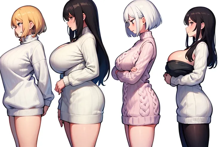 4girls,bust_chart,(white background:1.2),(sweater dress:1.2)  ,white background, (flat chest:1), (small breasts:0.8),  best quality ,masterpiece, naked, large tiddies