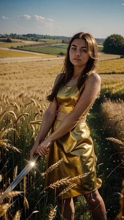 Field of wheat, golden in sunshine, female bare arm rising from the wheat (broadsword in hand)