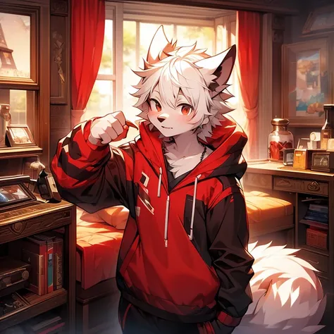 youth，Shota，Red Hair ，male， Masterpiece， high resolution，8K，Detailed background，high quality， Boys，From the front，Wolf&#39;s facial features.. White hair on the abdomen，Sexy Boy，Black and red shorts，Black and red sweatshirt