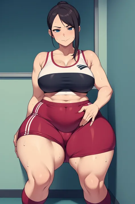 Woman in a sport outfit, sport bra, shorts, sweaty clothes, sweaty, curvy, busty, smirk, evil, thick thighs, sitting down, front view, presenting hindquarters, hand on crotch, looking at viewer