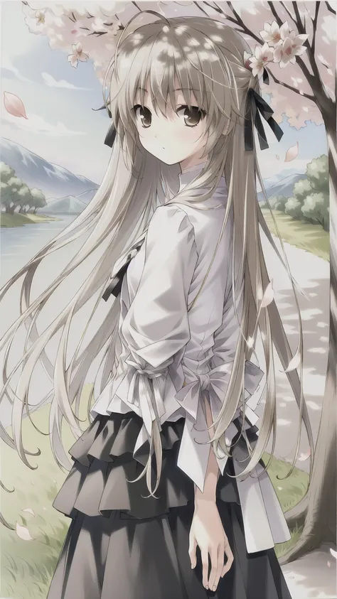 ((masterpiece:1.4, best quality)) ,Kasugano Sora,Handsome cool girl,Brown eyes,Long straight hair，outdoor，Under the cherry trees，Cherry blossoms in full bloom