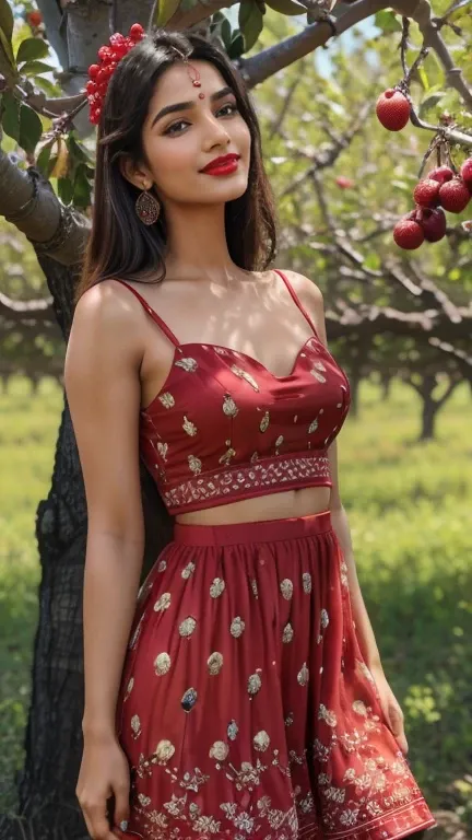 best quality, 4k, 8k, Detailed faces, clear face, pretty girls, indian makeup, Red lips, laugh, perfect body, Perfect Young breasts, Beautiful knee length Red Frock, View of orchards, fruit trees, many Fruit trees in Orchards