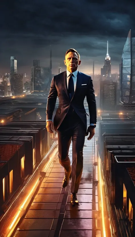 best quality,ultra-detailed,realistic,photorealistic:1.37,(full body shot:1.2), roof, daniel craig as james bond,walking on the edge of roof,action-packed,thrilling,stylish suit,determined facial expression,intense atmosphere,skyscraper background,cityscap...