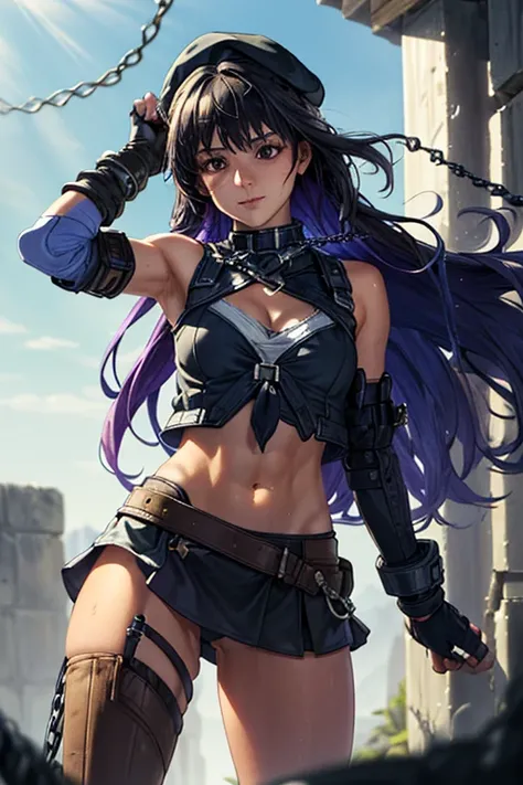 (Thynasha:1.2),dark blue hair,very long hair, purple eyes,(beautiful detailed eyes:1.0), extremely detailed face, perfect lighting, hair between eyes,bangs, (black beret, black jacket, open clothes, cleavage, midriff, black medium skirts, black thighhighs,...