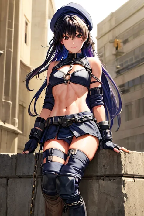 (Thynasha:1.2),dark blue hair,very long hair, purple eyes,(beautiful detailed eyes:1.0), extremely detailed face, perfect lighting, hair between eyes,bangs, (black beret, black jacket, open clothes, cleavage, midriff, black medium skirts, black thighhighs,...