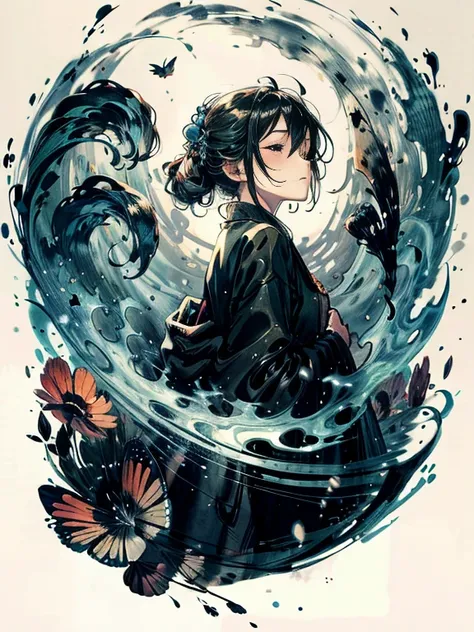 "An elegant depiction of a girl surrounded by swirls of enchantment,Like an elegant and tranquil ink painting."