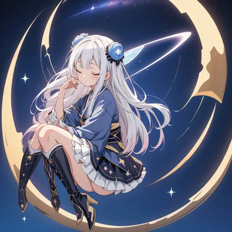 Star Fairy、(masterpiece, best quality), 1girl, sitting on the crescent moon、「A beautifully printed galaxy patterned kimono and gothic lolita outfit.、Space pattern box pleated mini skirt with ruffles、Front view portrait、Knee-high boots、Captivating eyes、Perf...