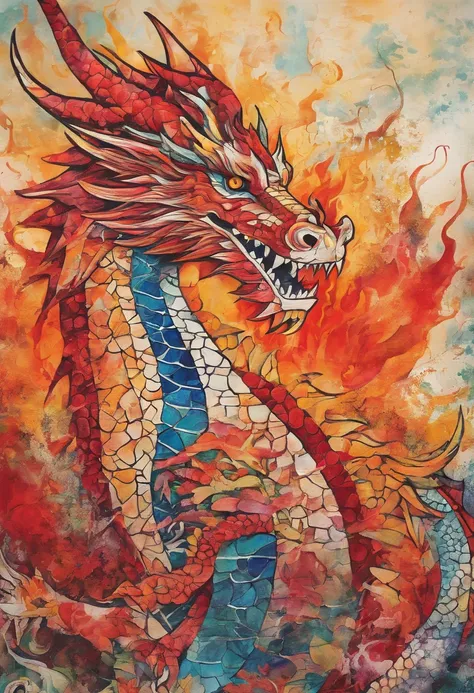 dragon de feu rouge rougeoyant heureux, posture dansante, regard joyeux, fond soleil rayonnant flammes ::2 colorful ink painting ::2 art fantasy