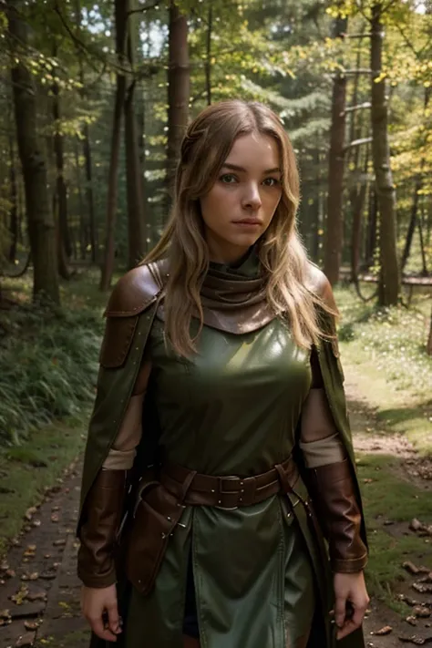 eine attraktive junge Frau mit langen blonden Haaren wandert durch einen Wald. She wears brown leather ranger armor and has a green cloak on her back.