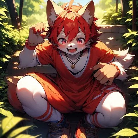 youth，Shota，Red Hair ，male， Lying down， Masterpiece， high resolution，8K，Detailed background，high quality， Boys，looking at the audience，Viewing angle，From the front，shorter pants，male焦点，Wolf&#39;s facial features，character boy，Wearing a necklace，Basketball ...