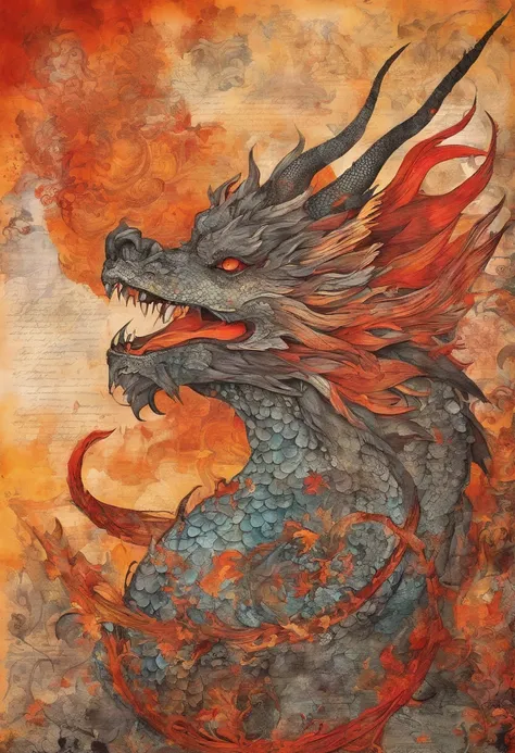 dragon feu rouge orange cramoisi écarlate rougeoyant heureux, posture dansante, regard joyeux, fond château soleil rayonnant flammes ::2 colorful ink painting ::2 art fantasy