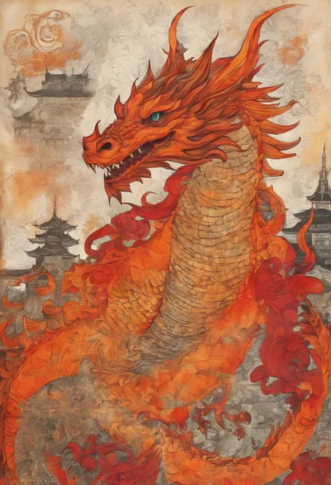 dragon feu rouge orange cramoisi écarlate rougeoyant heureux, posture dansante, regard joyeux, fond château soleil rayonnant flammes ::2 colorful ink painting ::2 art fantasy