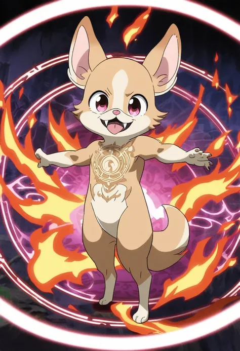 Chihuahua,The hair color is fawn&white,Huge Fangs,Standing in a threatening pose,Dropped ears,pink nose,Anime Style,Bushy body hair,Use fire magic,Fireball on background,Standing on a magic circle