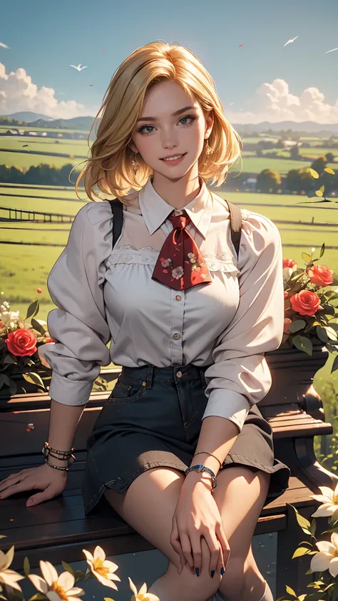 ((最high quality, 8K, masterpiece: 1.3, Ultra HD, high quality, 最high quality, High resolution, realism)) 、A 22-year-old extremely beautiful white woman、Hair color blonde、blue eyeedium Hair、Straight Hair、smile、Slender but well-proportioned body、Background b...