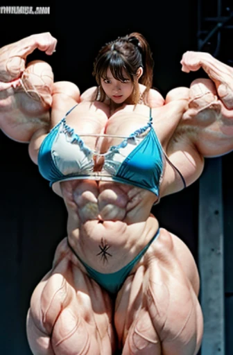 8k、photograph、highest quality、masterpiece、vivid、Small face、Realistic skin texture、white skin、Korean Beauty、Asian Beauty、smile、brown hair、short hair、Micro Bikini、、(((Female Bodybuilder)))、((ものすごくHuge musclesを持つ女性))、(((Huge muscles))), Very large and tense、特...