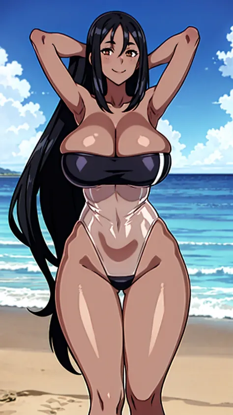 (Best Quality, masterpiece), 1girl, smile, (young girl), (armpits), (arms behind head), (Black hair), (thin thighs), (gris swimsuit:1.2), (see-through), (gigantic breasts), (dark skin:1.4), standing, beach