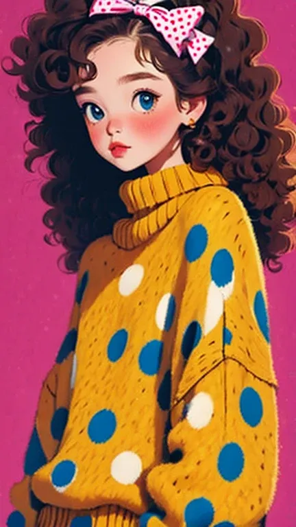 (masterpiece, best quality:1.2), 1 girl, solitary，curls，bow headband，polka dot sweater，sweater details，clean background