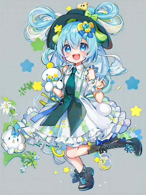 1girll, solo, cinnamiku, blue hair, blue eyes, hair rings, hair bow, (blue bow), (cinnamoroll, tied ears, sanrio, 1other, organi...