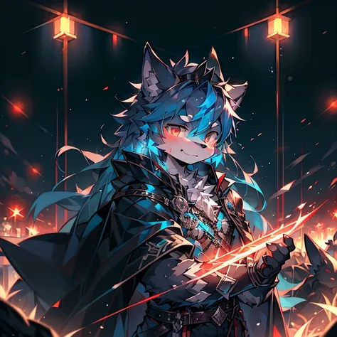 youth，Shota，Blue Hair ，male， masterpiece， high resolution，8k，Detailed background，high quality， Boys，Looking at the audience，view，Front view，male焦点，Wolf&#39;Facial features.. Turquoise Mecha.Surrounded by lights，in the style of futuristic，Starry Sky，hairy, ...