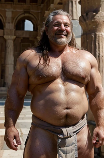  A very oiled full body classical Greek warrior bodybuilder Smiling sweaty old man with very long wavy gray hair extremely muscular and extremely fat over 70 years old weighs over 600 pounds very muscular very hairy large pecs with gynecomastia Large dark ...