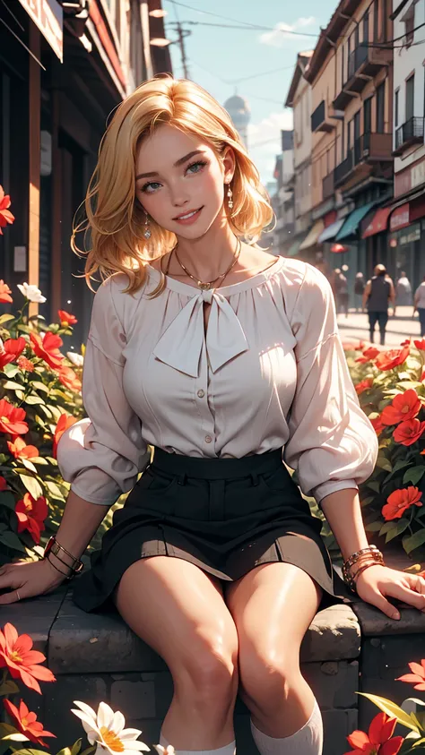 ((最high quality, 8K, masterpiece: 1.3, Ultra HD, high quality, 最high quality, High resolution, realism)) 、A 22-year-old extremely beautiful white woman、Hair color blonde、blue eyeedium Hair、Straight Hair、smile、Slender but well-proportioned body、Background b...