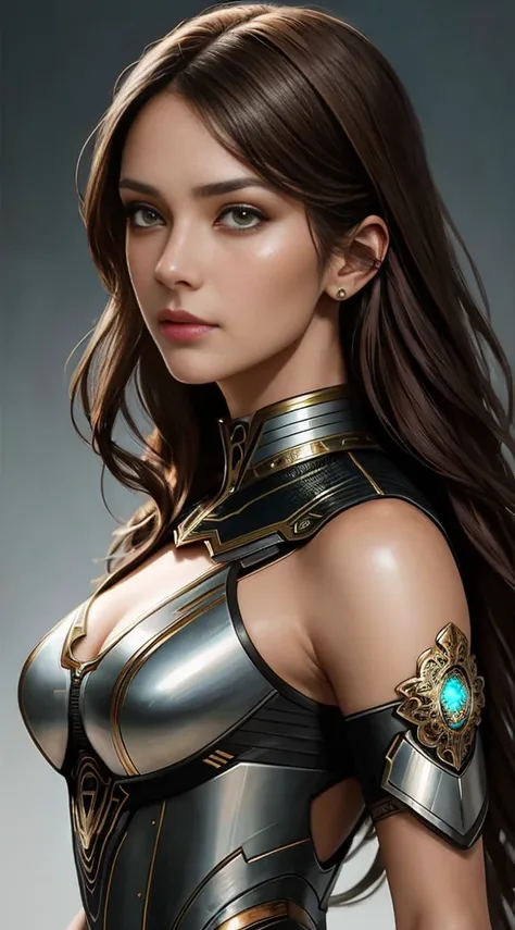 Beautiful cyborg portrait with 8k brown hair，iintricate，ellegance，Highly meticulous，A majestic，digital photography，The art was painted by Artgerm and Ruan Jia and Greg Rutkowski by Surrealist filigree，brokenglass，（tmasterpiece，Sideslit，exquisite and beauti...