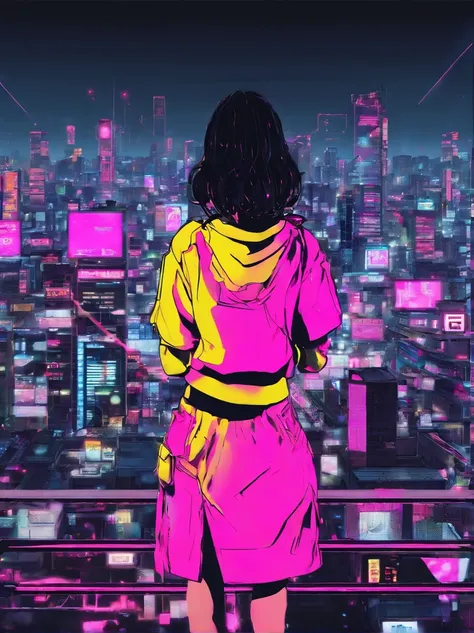 a japanese woman from behind , pale skin, wearing yellow crop top and pink skirt, sorrow, standing on rooftop, suicide issue, the image is bright but sad