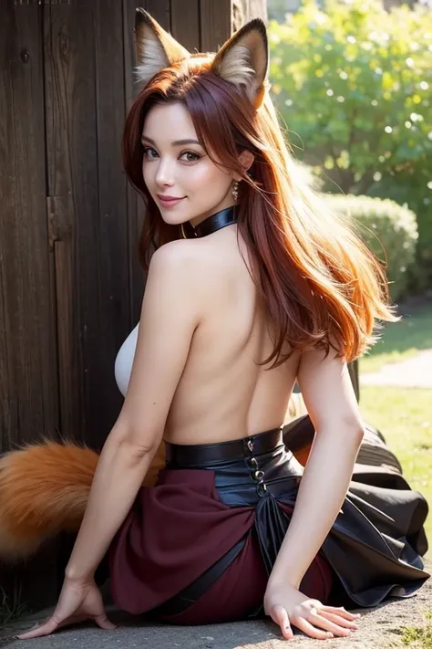 ((highest quality, 32k)), ((masterpiece)), (Familiar), Perfect Face, Fox woman, Beautiful woman, public, Has a tail, She has a fluffy tail, She has a red fox&#39;s tail., She wags her tail, smile, bell collar, She wears a skirt, Beautiful Hips, Big Breasts...