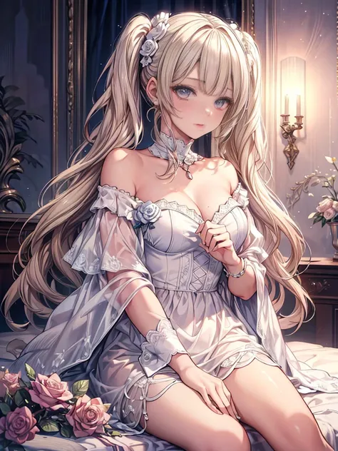 masterpiece, highest quality, High resolution, SA1, Floral Off-Shoulder Dress, sparkling eyes, false eyelashes, Platinum Blonde Twin Tails, Cute atmosphere, Rose,