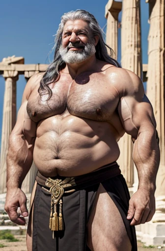  A very oiled full body classical Greek warrior bodybuilder. A smiling, sweaty old man with very long wavy gray hair extremely muscular and extremely fat over 70 years old weighs over 600 pounds very muscular very hairy large pecs with gynecomastia Large d...