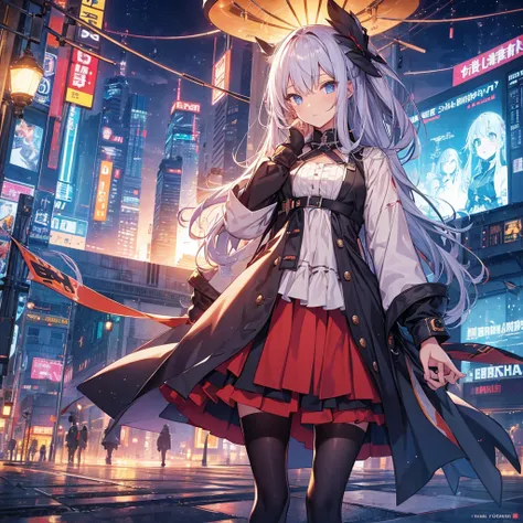 ultra detailed game CG, (High resolution:1.1),(absurderes:1.1), 1girl in, , Solo, Simple Anime, nightcity, Overlooking the night view from a height