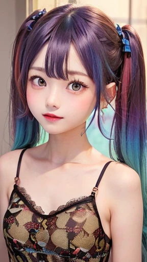 Small face、 (alone:1.5,)Very detailed,Bright colors, Very beautiful detailed anime faces and eyes, Look straight ahead,  Shiny_skin,girl, (((Rainbow Hair, Colorful Hair, Half red、half blue hair: 1.2))), 、Shiny hair, Delicate beautiful face, blush、Glasses、(...