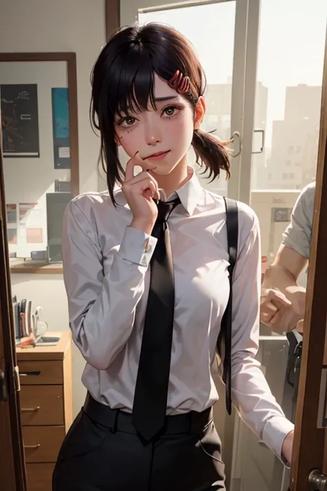 masterpiece, best quality, ultra-detailed, illustration, epic lighting, cinematic composition, isometric, 1girl, solo, cute, brown eyes, black hair, swept bangs, single sidelock, red hairclip, white collared shirt, black necktie, black pants, formal, encha...