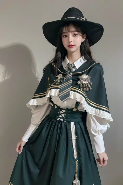 best quality, masterpiece, realistic, photorealistic, 1girl, solo, looking at viewer, cowboy shot, cyb dress, collared shirt, long sleeves, necktie, capelet, frills, badge, long dress, witch hat, simple background, 