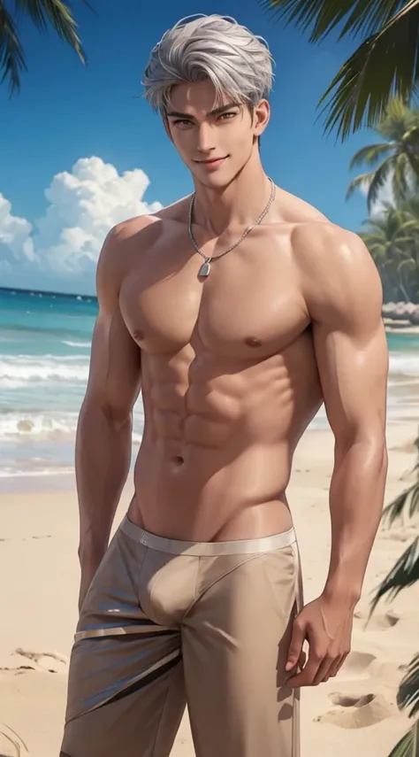 1 boy,Handsome，tall and strong,perfect male figure, eyes looking at camera, shirtless . Wearing a beige underwear thong ((tanned skin)), bulge, beach，silver hair,serious expression,necklace,Ray tracing. Smiling 