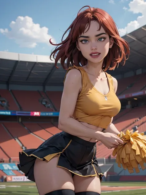 very cute and beautiful cheerleader girl,(very detailed beautiful face and crystal blue eyes:1.2),(holding a golden pom pom:1.2),(Laugh),
(Stadium Stand),Cowboy Shot,Dynamic Pose,zettai ryouiki,(orange ang black sleeveless shirt),Beautiful legs,Skirt lift,...