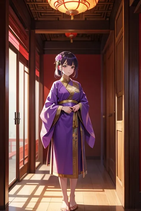 A girl, Wearing a purple robe, Standing in a Chinese-style building