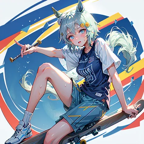 high quality,hd,16k,sharp line, Seiun Sky (umamusume),1girl,female skateboard athlete ,cute face, large breasts, nice legs,hold a skateboard, sweat,in skateboard venue,focus girl,detailed beautiful face,detailed clothes,beautiful eyes,pretty,dynamic angle