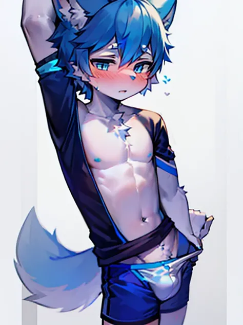 1 boy, Wolf, Blue fur, young people, blue eyes, Messy hair, blue white hair, short hair, masterpiece, Topless，Plain white briefs，blush