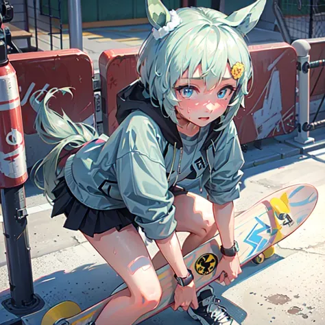 high quality,hd,16k,sharp line, Seiun Sky (umamusume),1girl,female skateboard athlete ,cute face, large breasts, nice legs,hold a skateboard, sweat,in skateboard venue,focus girl,detailed beautiful face,detailed clothes,beautiful eyes,pretty,dynamic angle