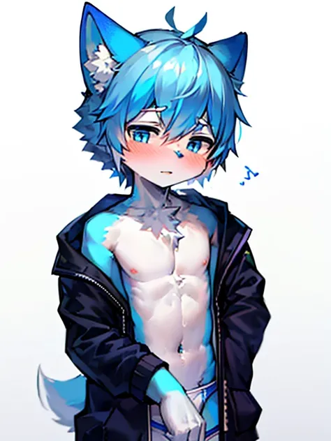 1 boy, Wolf, Blue fur, young people, blue eyes, Messy hair, blue white hair, short hair, masterpiece, Topless，Plain white briefs，blush